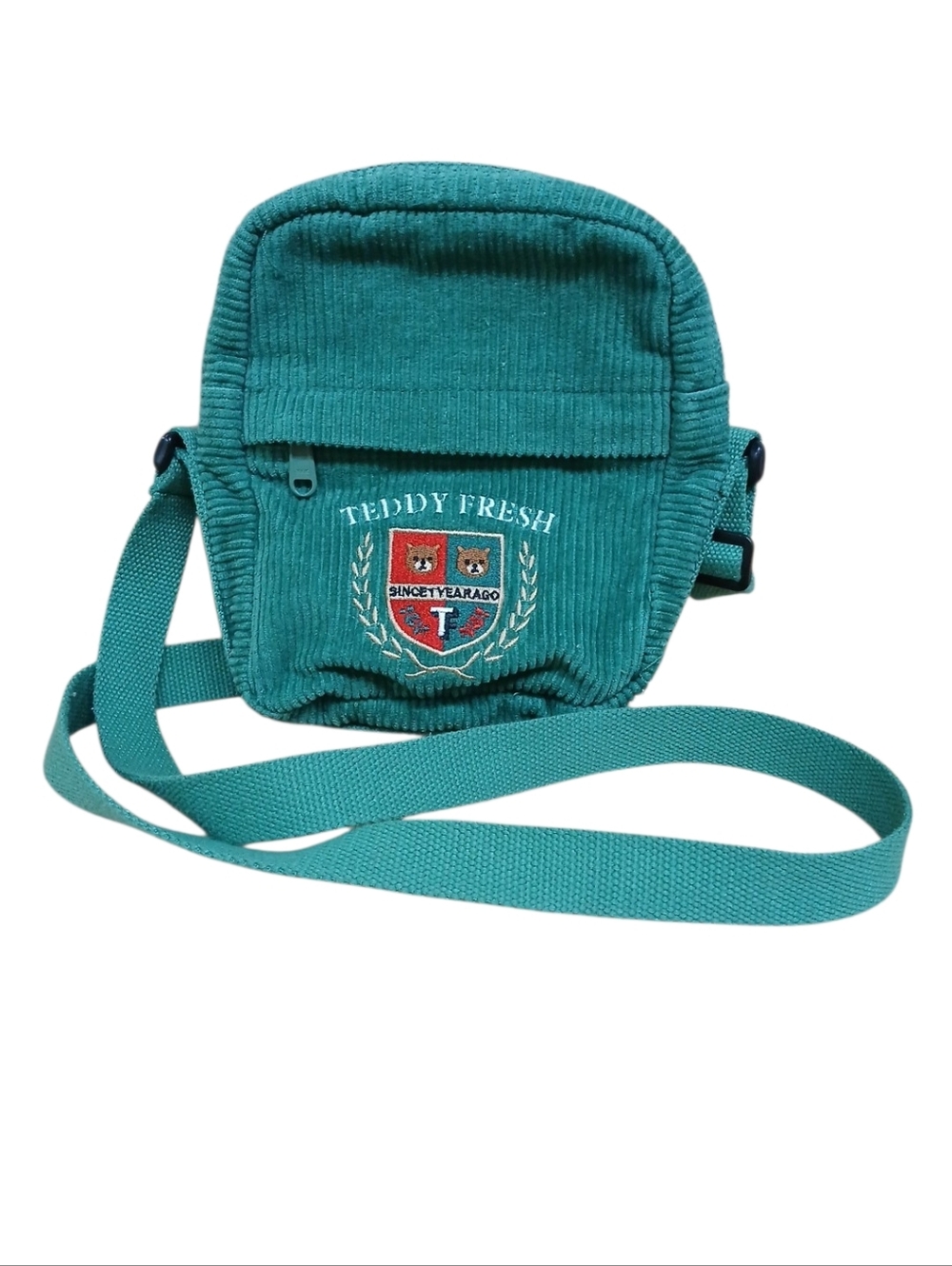 Teddy Fresh Teal Corduroy Crossbody Bag with Embroidered Crest